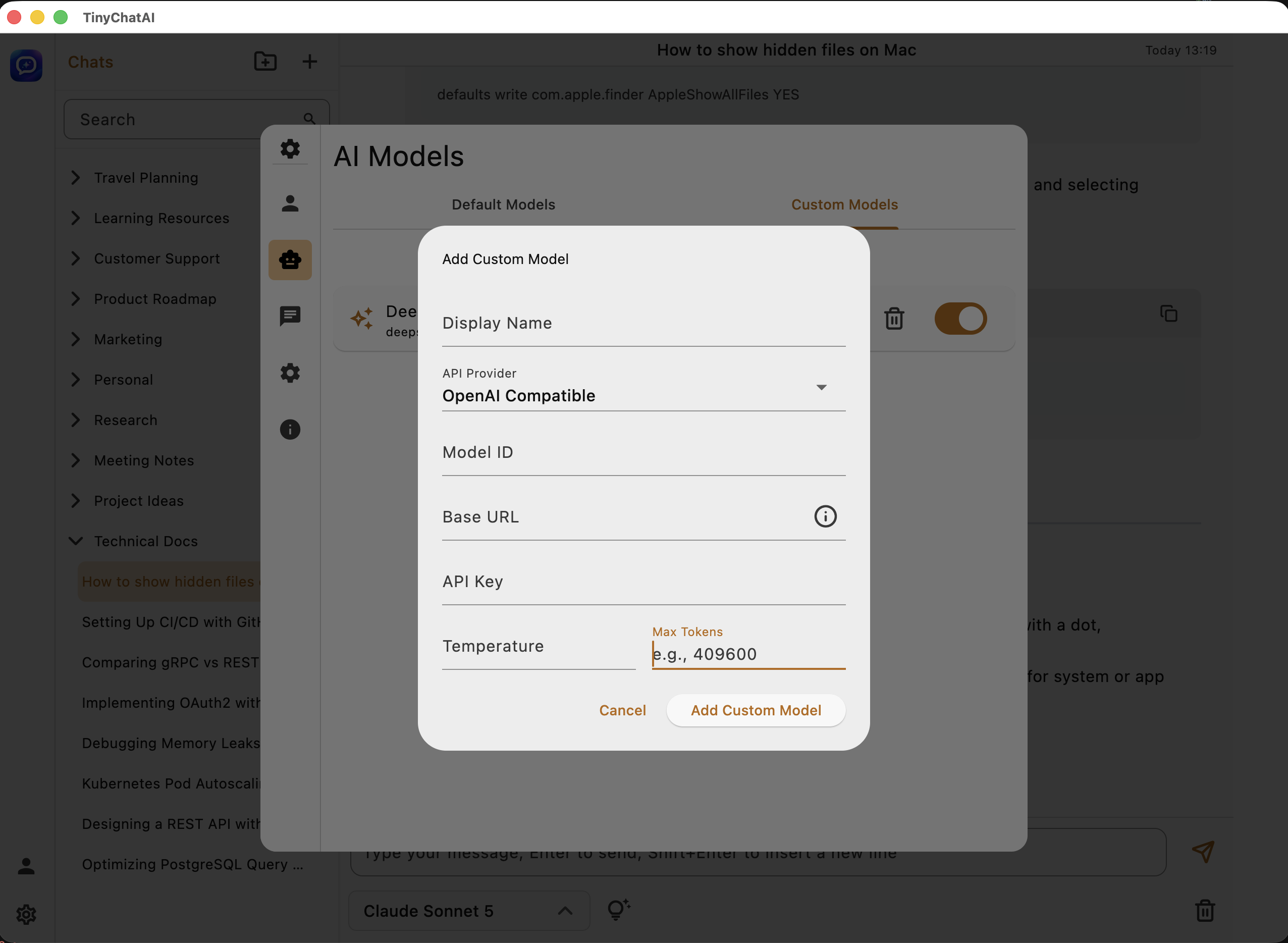 Custom AI provider configuration preview